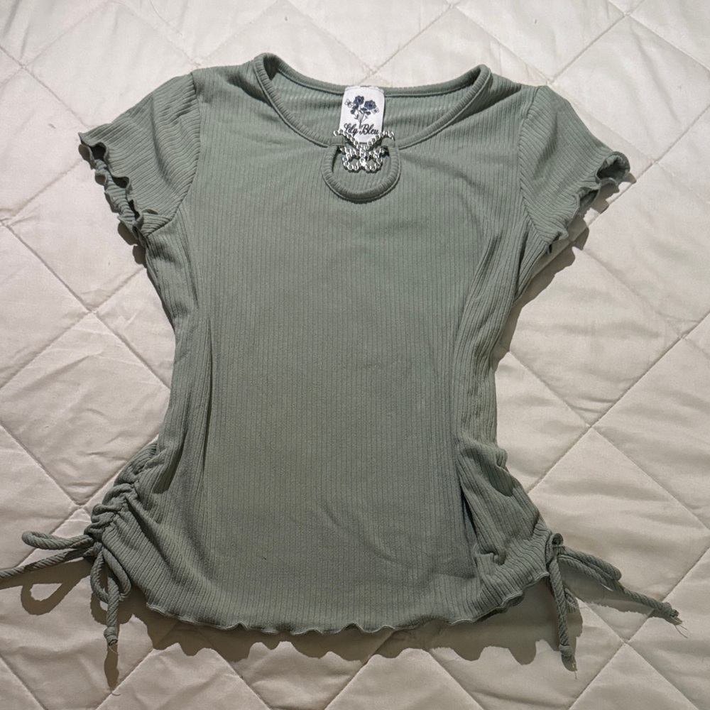 Lily Bleu Olive Ribbed Short Sleeve Top with Side Ties